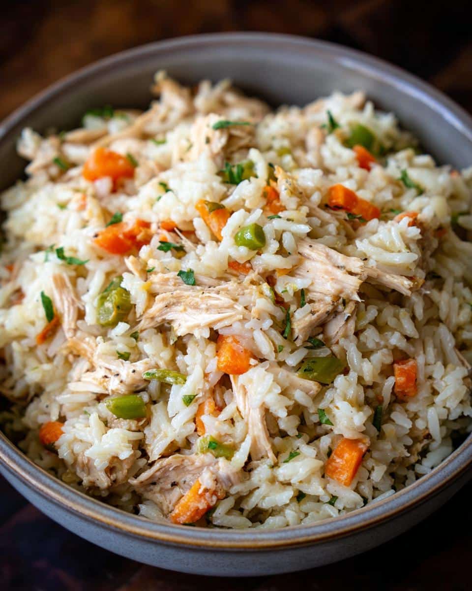 A white bowl filled with Chicken and Rice Dog Food, featuring shredded chicken, rice, carrots, and peas.