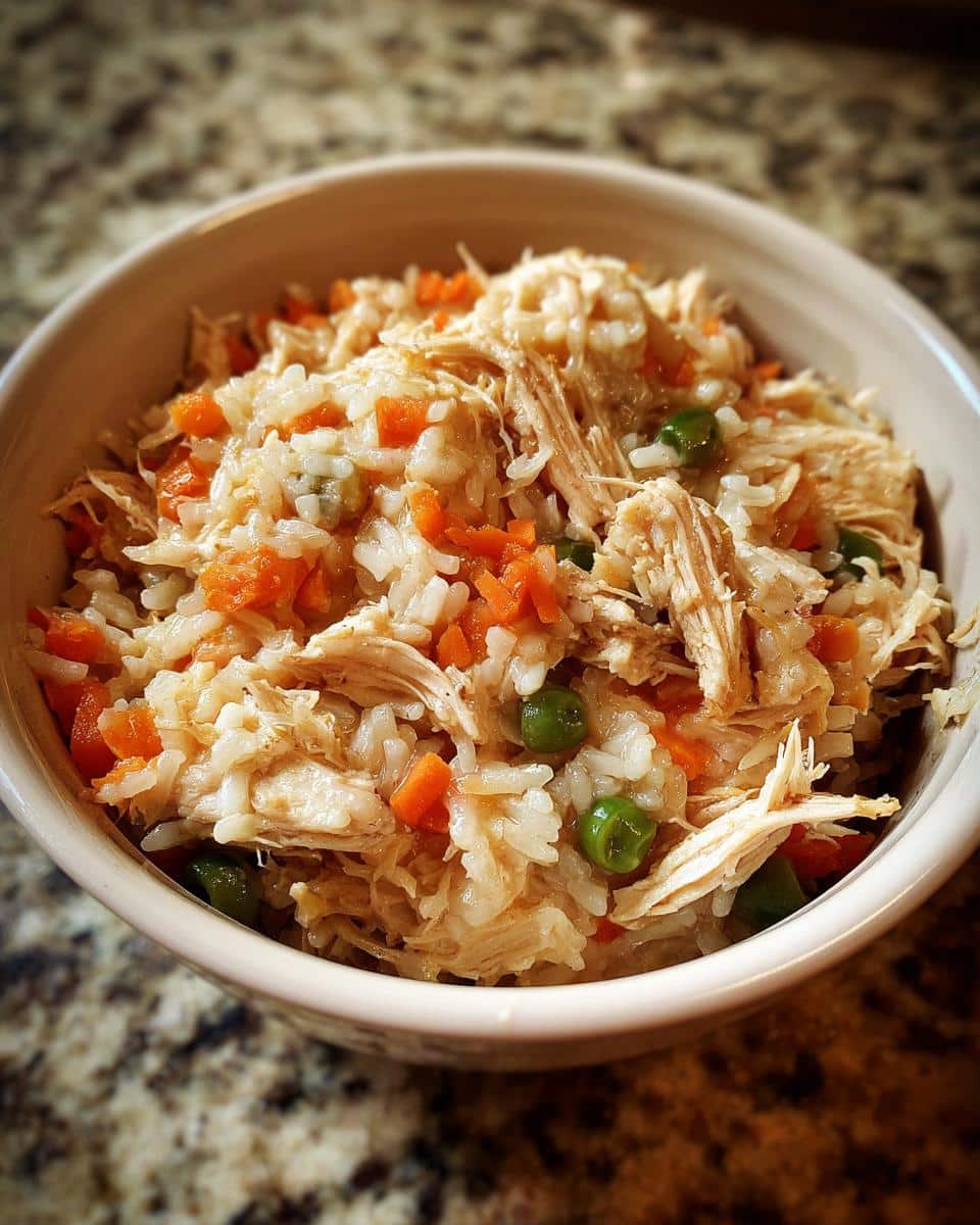 A bowl of Chicken and Rice Dog Food with shredded chicken, rice, carrots, and peas.