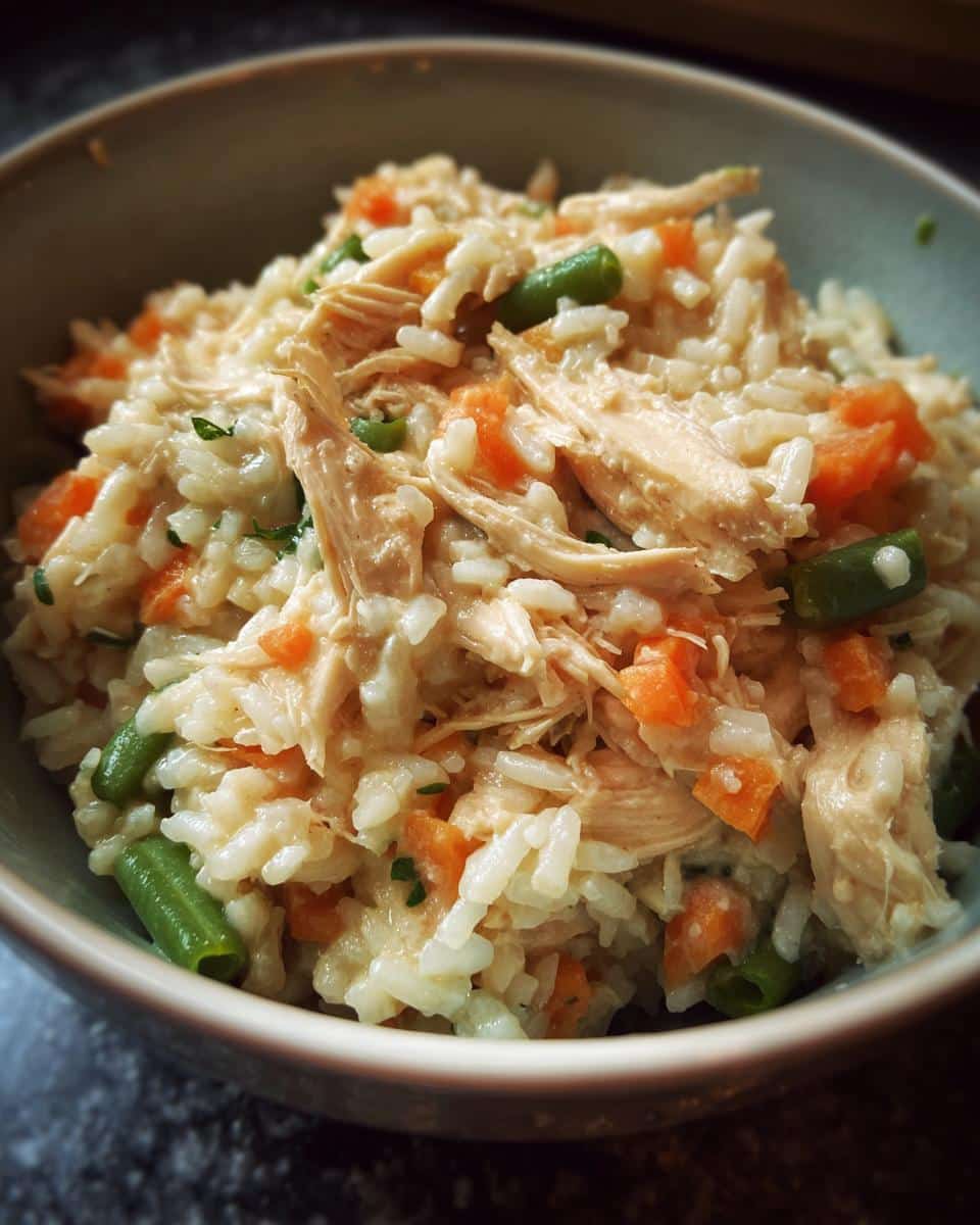 Overhead shot of Chicken and Rice Dog Food in a stainless steel bowl, with carrots and peas.