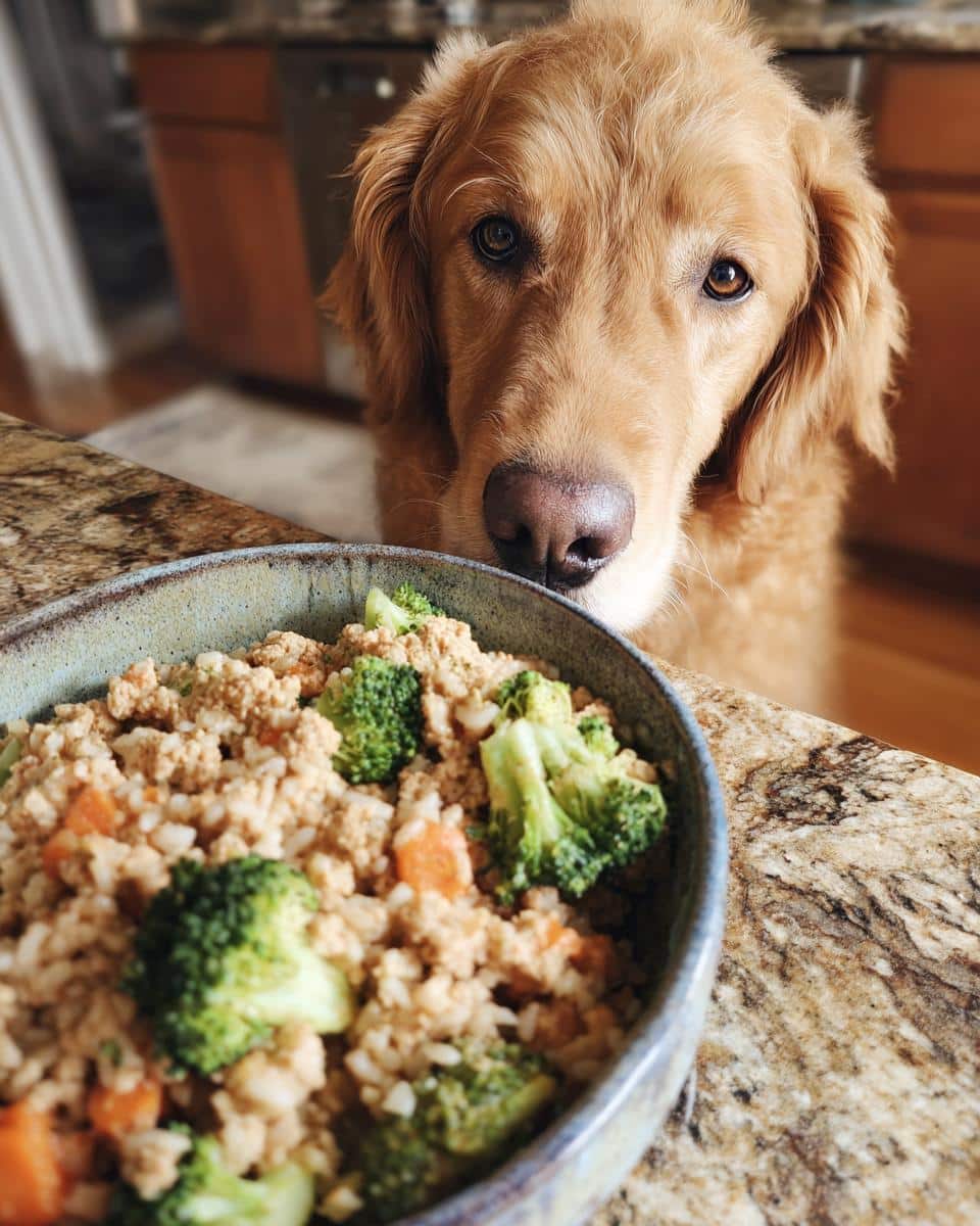 Golden retriever looking longingly at a bowl of Chicken & Broccoli Healthy Dog Food.