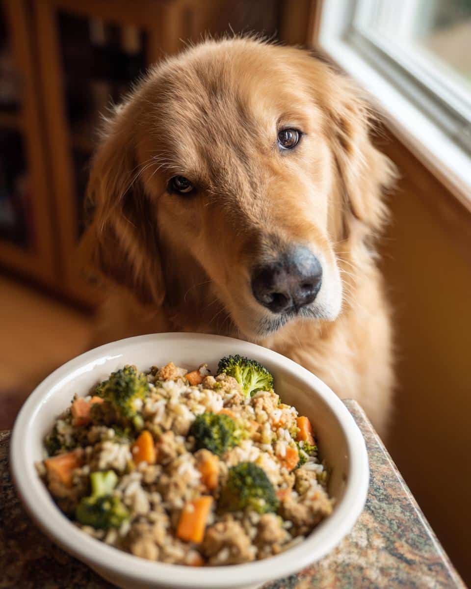 Golden retriever looking at a bowl of Chicken & Broccoli Healthy Dog Food. Homemade dog food recipe.