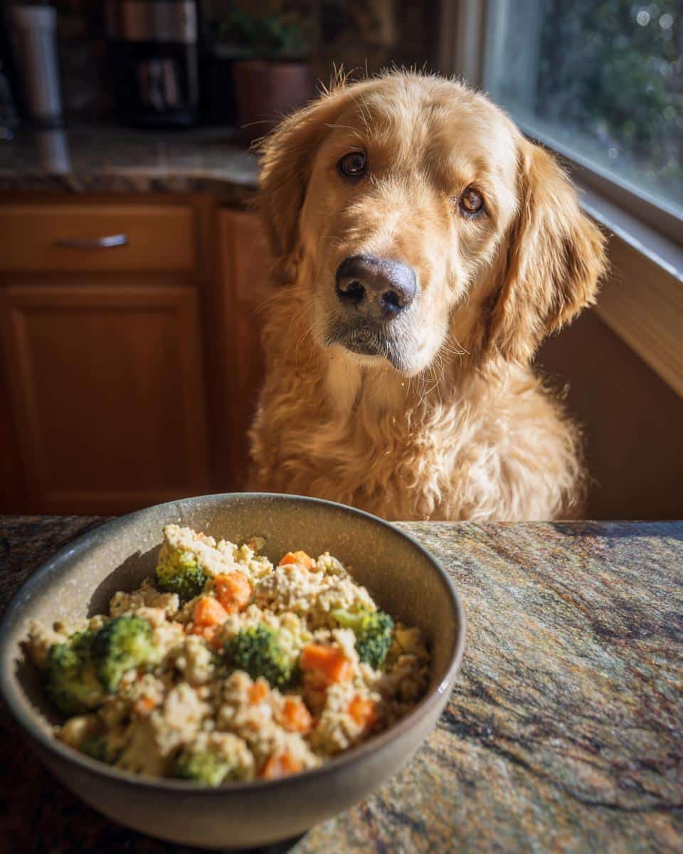 Golden Retriever looking at a bowl of Chicken & Broccoli Healthy Dog Food. Nutritious meal for your pet.