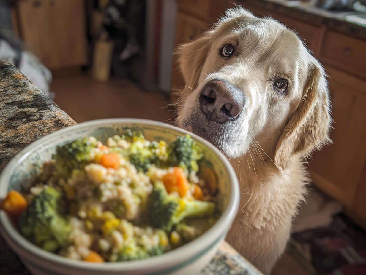 Golden Retriever looking longingly at a bowl of Chicken & Broccoli Healthy Dog Food.