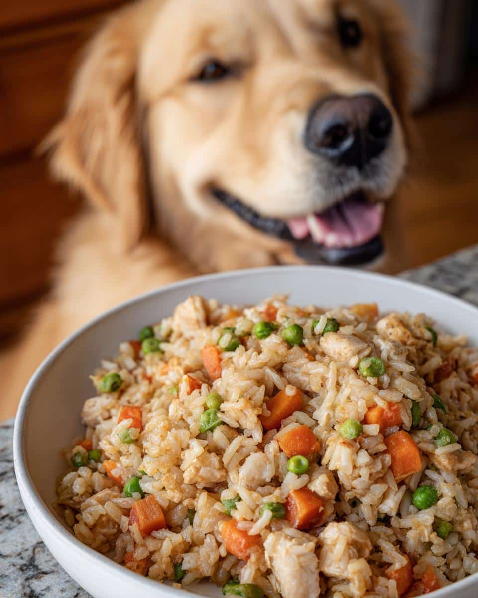 A bowl of Chicken & Brown Rice Dog Food Recipe with a golden retriever dog looking at it in the background.