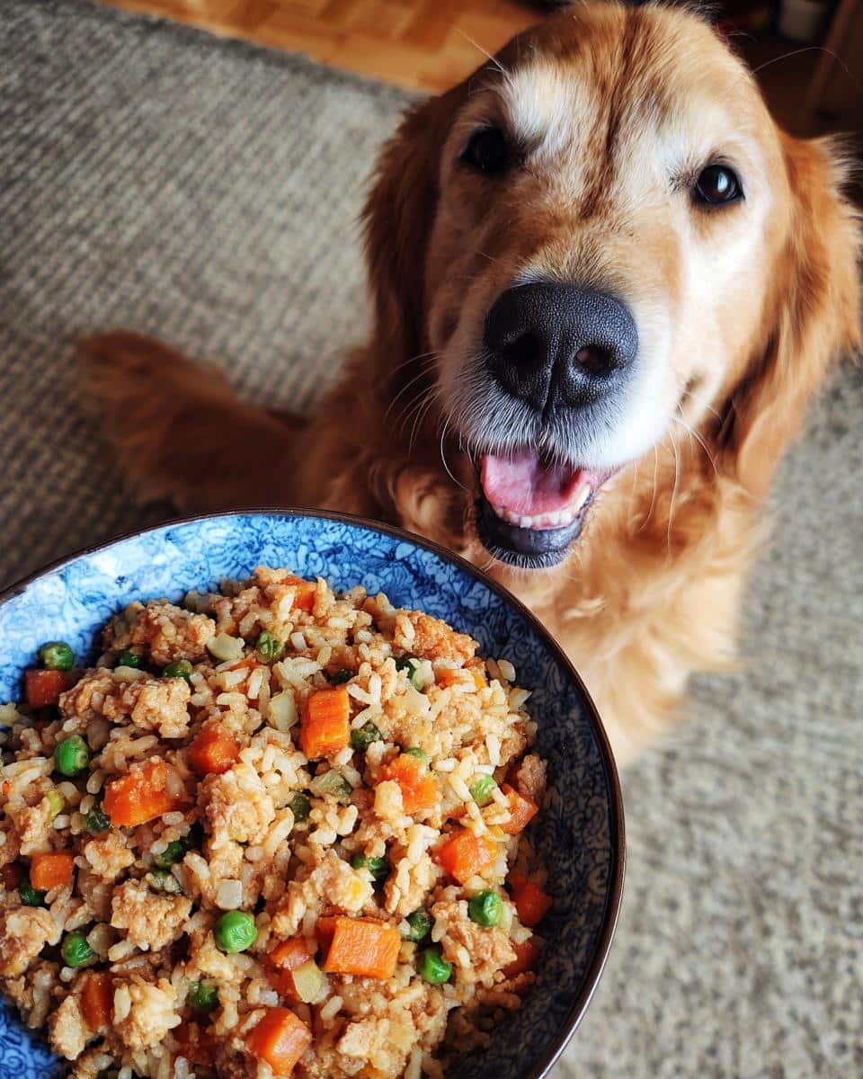 Golden Retriever eagerly awaits a bowl of homemade Chicken & Brown Rice Dog Food.