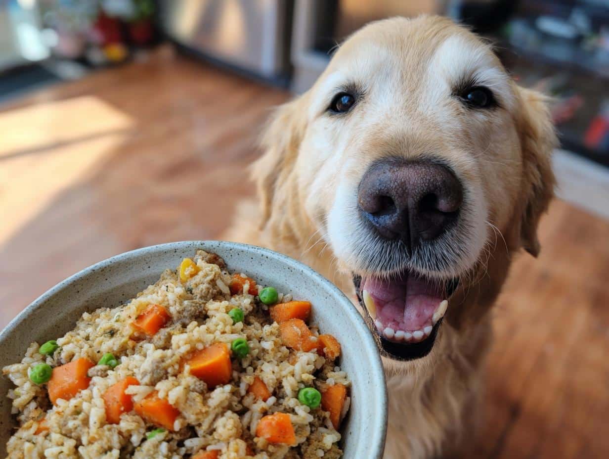 Golden Retriever eagerly awaits a bowl of Chicken & Brown Rice Dog Food with carrots and peas.