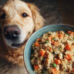 Golden Retriever dog looking at a bowl of homemade Chicken & Brown Rice Dog Food with carrots and peas.