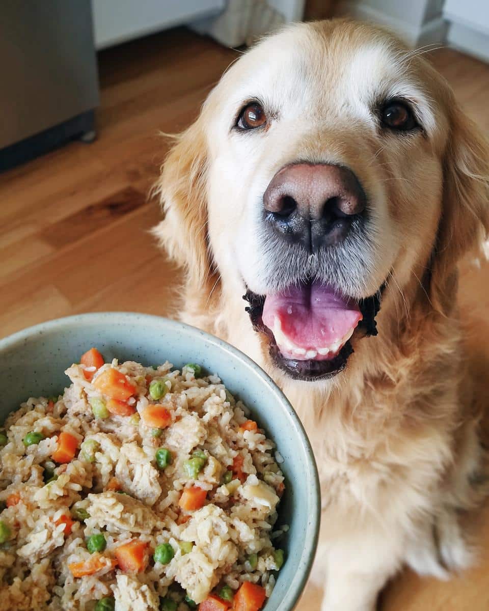 Golden retriever dog smiling next to a bowl of homemade Chicken & Brown Rice Dog Food.