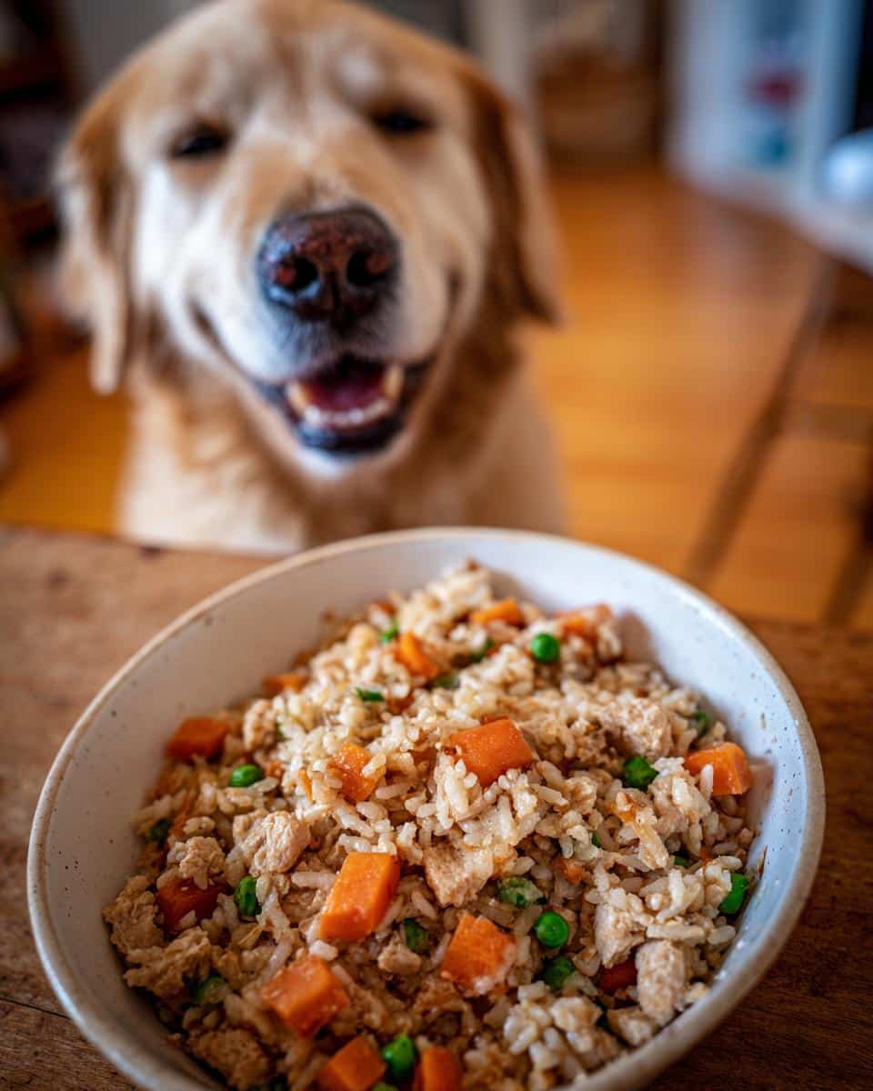 Happy golden retriever looking at a bowl of Chicken & Brown Rice Dog Food Recipe with carrots and peas.