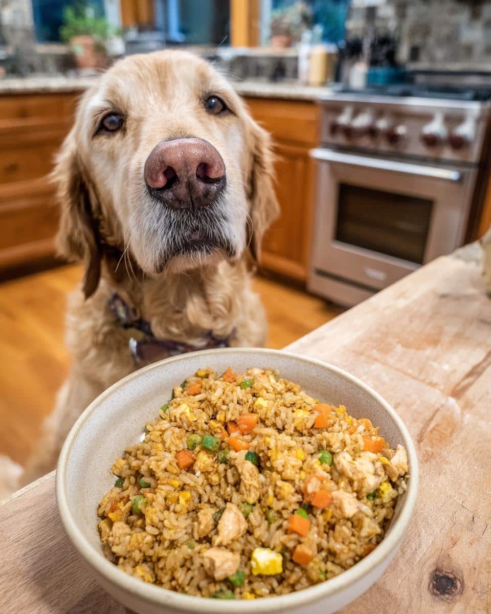 Golden Retriever dog looking at a bowl of Chicken & Brown Rice Small Dog Food Recipe.