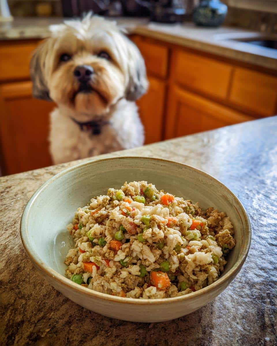A bowl of Chicken & Brown Rice Small Dog Food Recipe with a cute dog in the background.