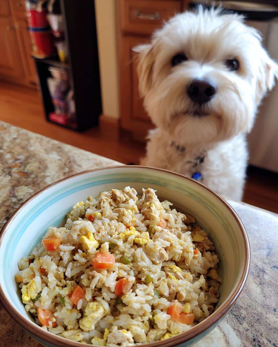 A bowl of Chicken & Brown Rice Small Dog Food Recipe with a cute dog looking at it.