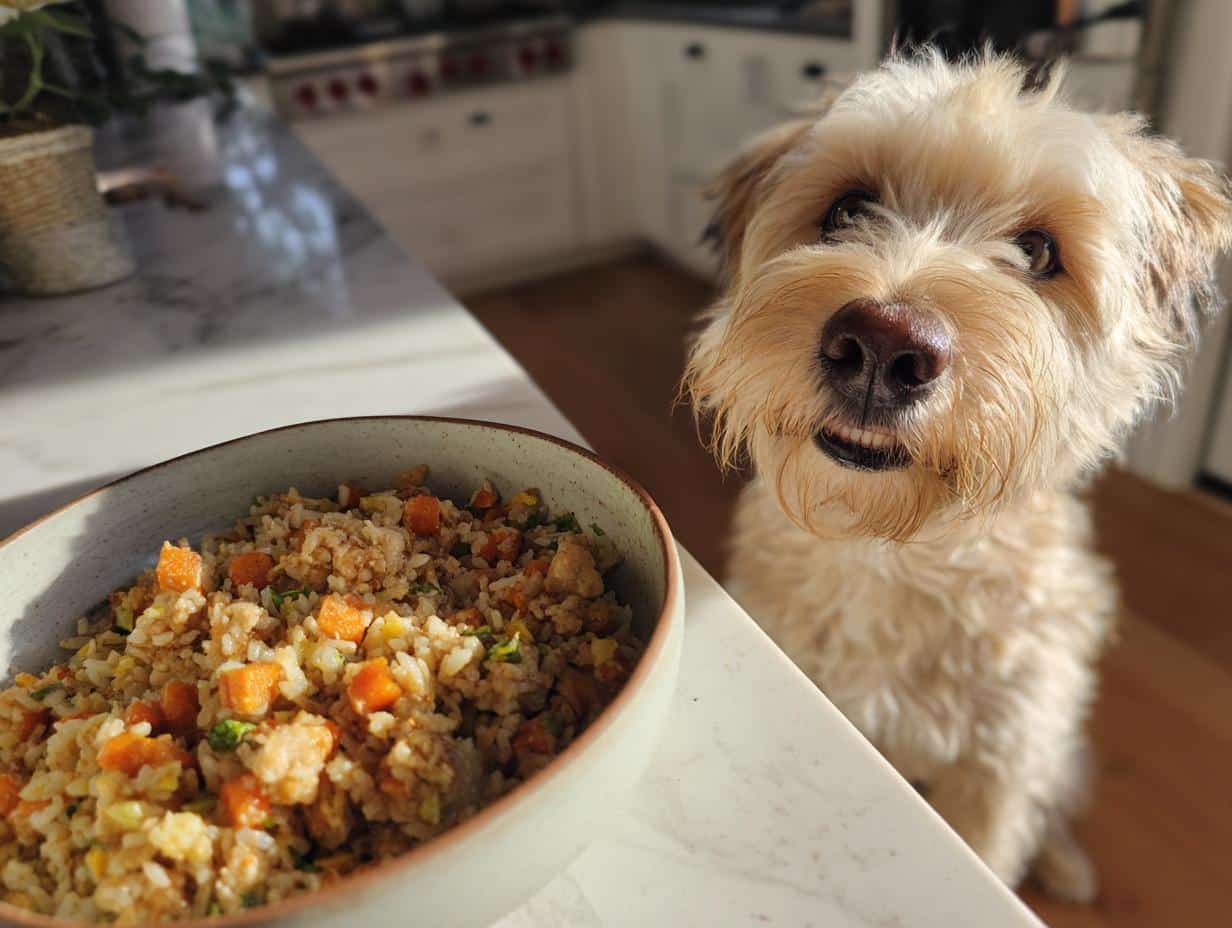 Small dog looking at a bowl of Chicken & Brown Rice Small Dog Food Recipe.