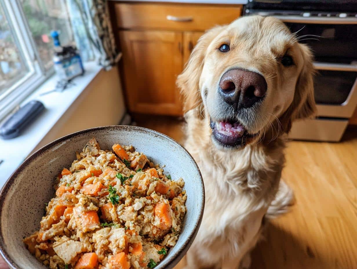 Golden Retriever dog looks happily at a bowl of One-Pot Chicken & Carrot Dog Food.