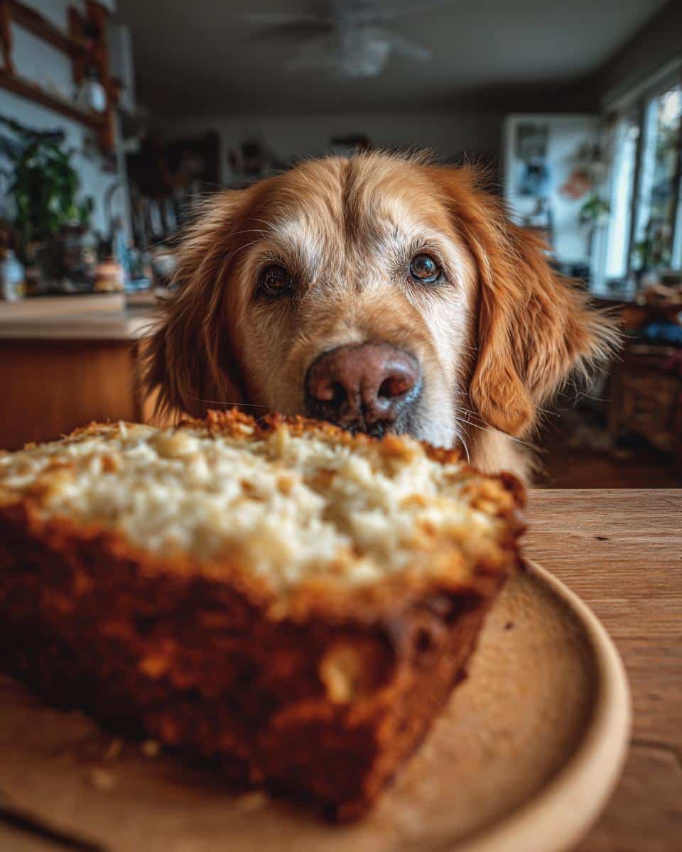 Golden Retriever dog longingly looking at a slice of Chicken Carrot Loaf on a wooden plate.