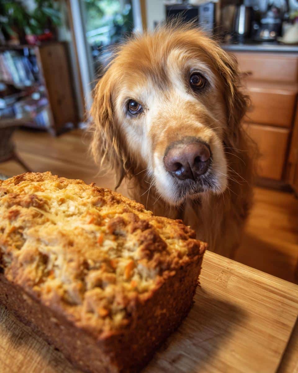 Golden retriever looking longingly at a freshly baked Chicken Carrot Loaf. Recipe for Dogs.