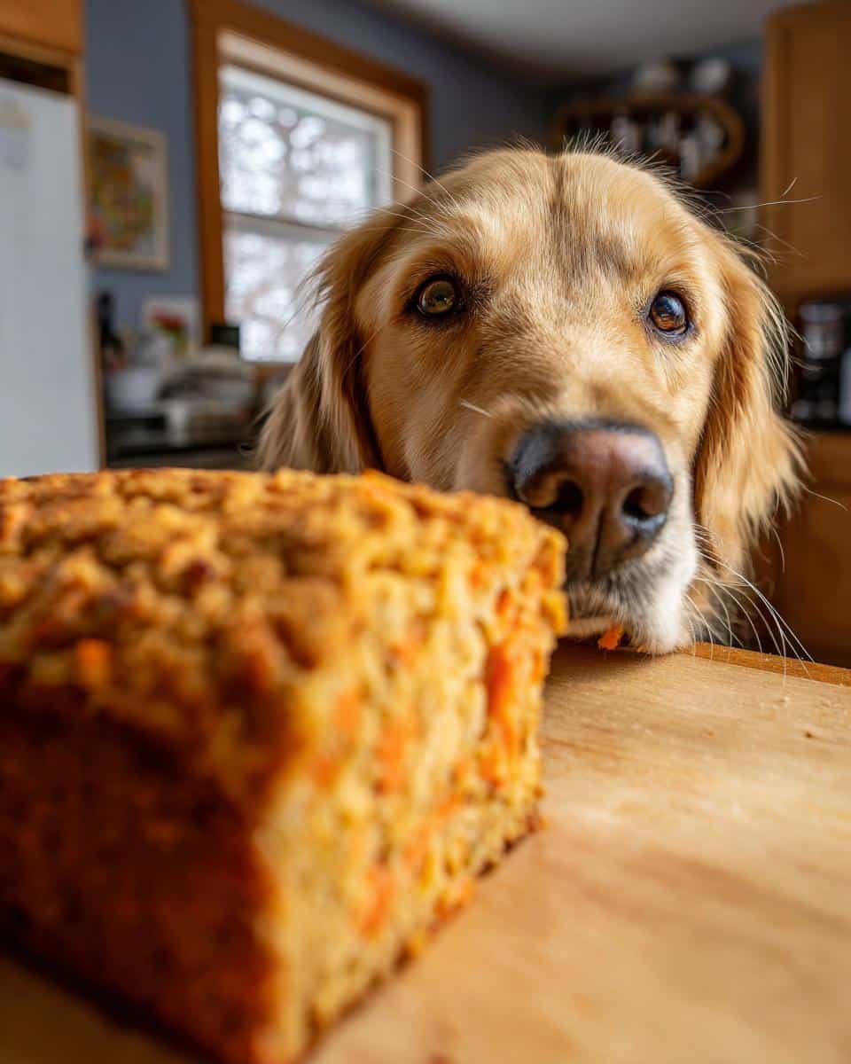 A golden retriever longingly gazes at a Chicken Carrot Loaf, its nose close to the treat.