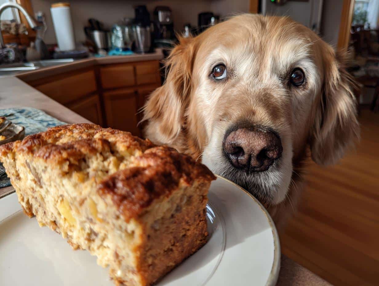 Golden retriever looking longingly at a slice of Chicken Carrot Loaf on a plate.