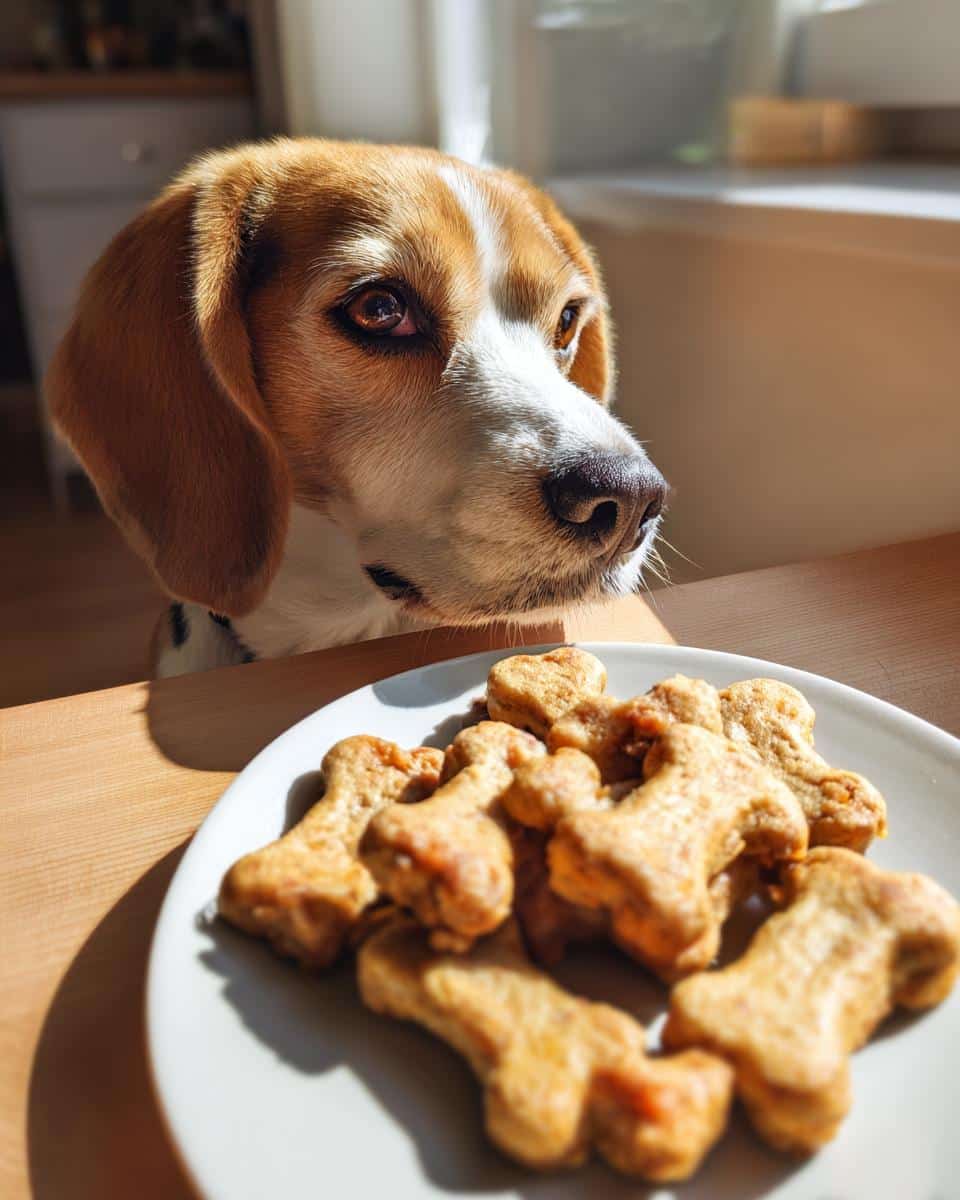 Beagle looking longingly at a plate of bone-shaped Chicken & Carrot Puppy Dog Recipe treats.
