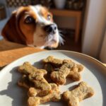 A dog looks longingly at a plate of bone-shaped Chicken & Carrot Puppy Dog Recipe treats.