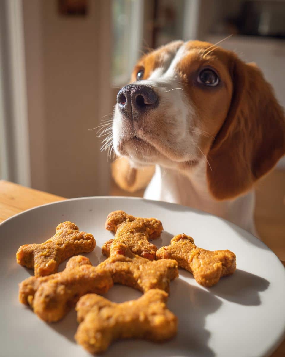 A cute puppy gazes longingly at a plate of bone-shaped Chicken & Carrot Puppy Dog Recipe treats.