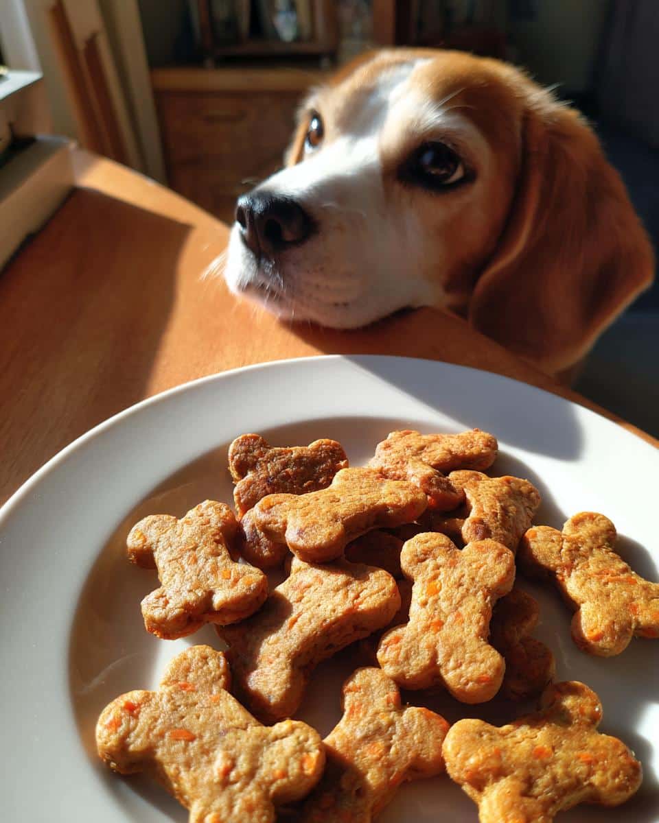 Beagle looking longingly at a plate of bone-shaped Chicken & Carrot Puppy Dog Recipe treats.