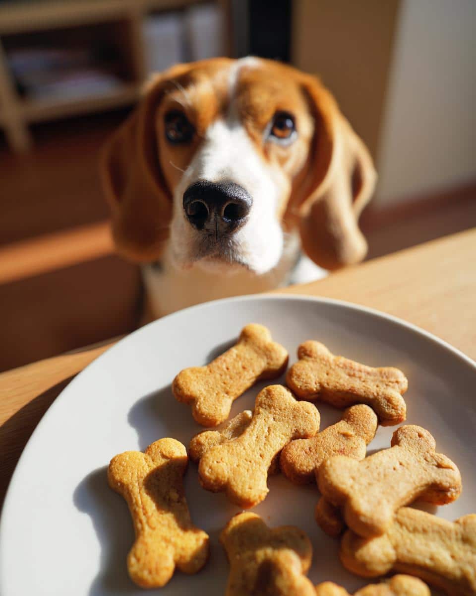 A beagle stares longingly at a plate of bone-shaped treats, part of our Chicken & Carrot Puppy Dog Recipe.
