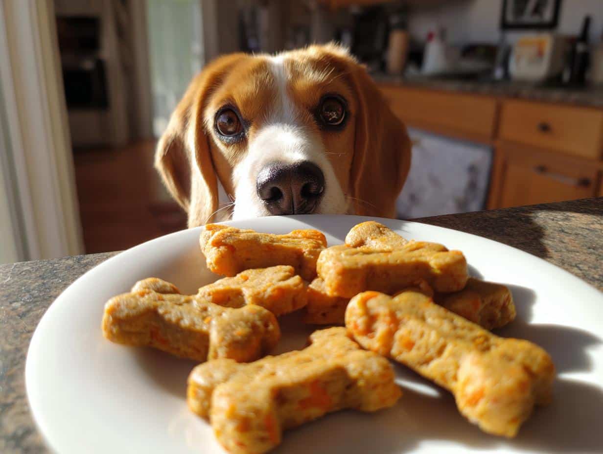 A cute beagle puppy dog looks longingly at a plate of homemade Chicken & Carrot Puppy Dog Recipe treats.
