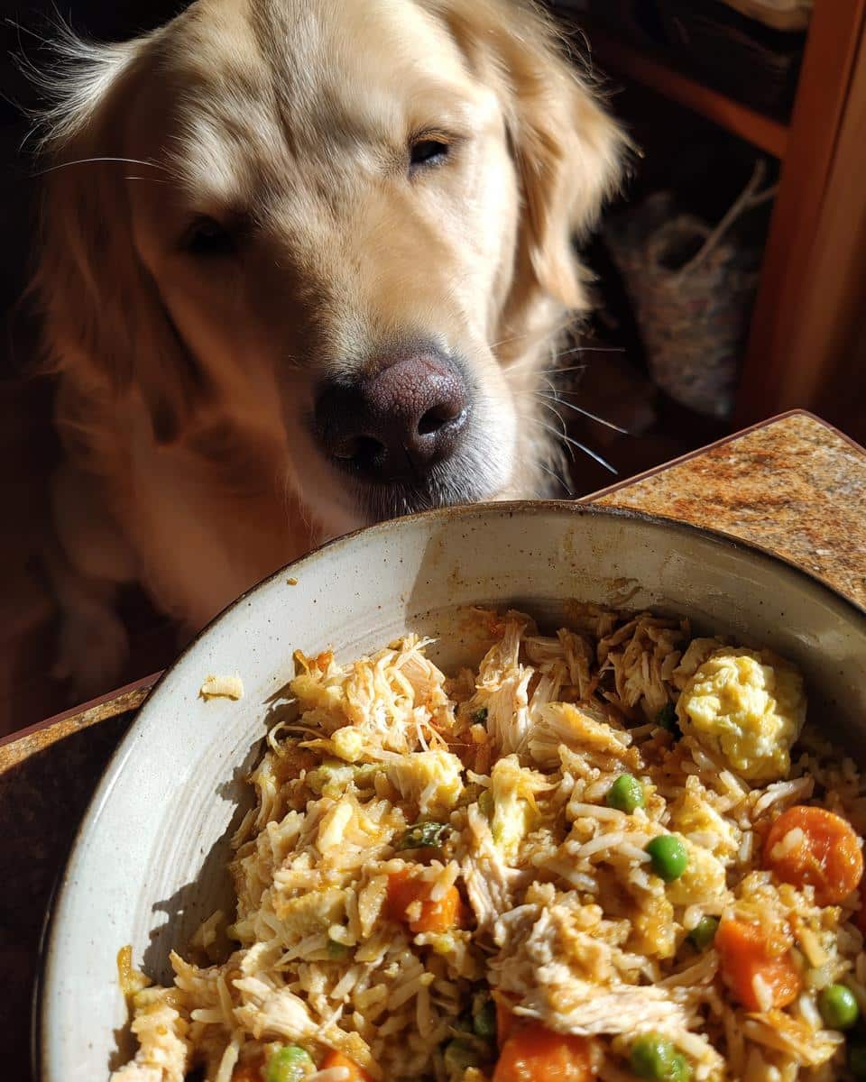 Golden Retriever looks longingly at a bowl of Chicken & Egg Power Meal for Large Dogs.