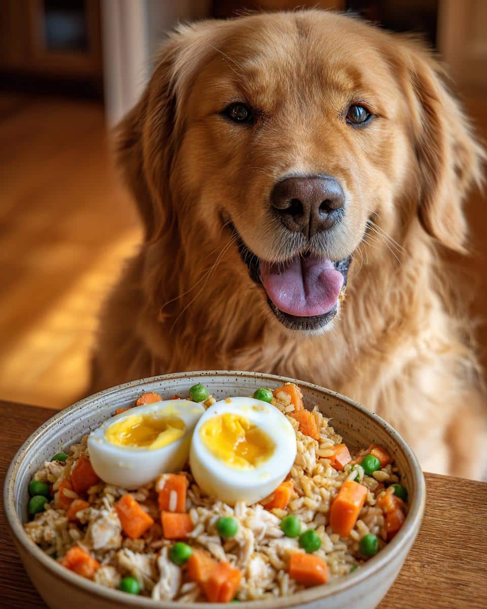 Golden Retriever dog looking at a bowl of Chicken & Egg Power Meal for Large Dogs with rice, carrots, peas, and boiled eggs.