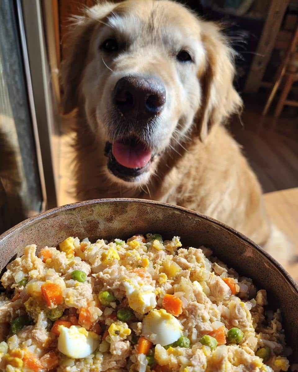 Golden Retriever eagerly awaits a bowl of Chicken & Egg Power Meal, a nutritious meal for large dogs.
