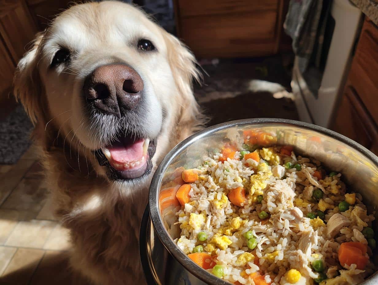 Golden Retriever dog eagerly awaits a Chicken & Egg Power Meal. Nutritious food for large dogs.