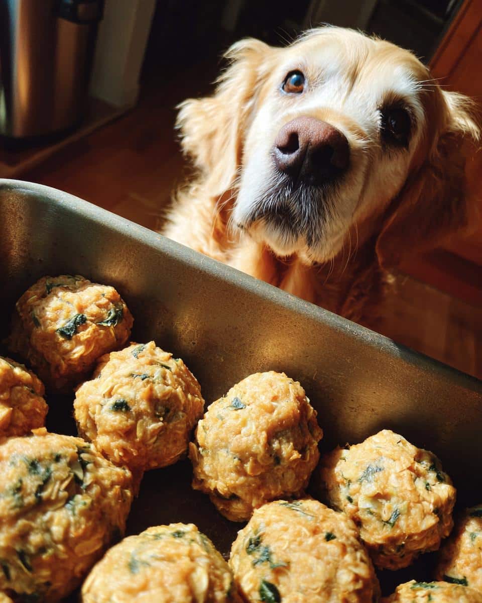 Golden Retriever looking longingly at a pan of Chicken & Kale Meatballs, a healthy dog treat recipe.