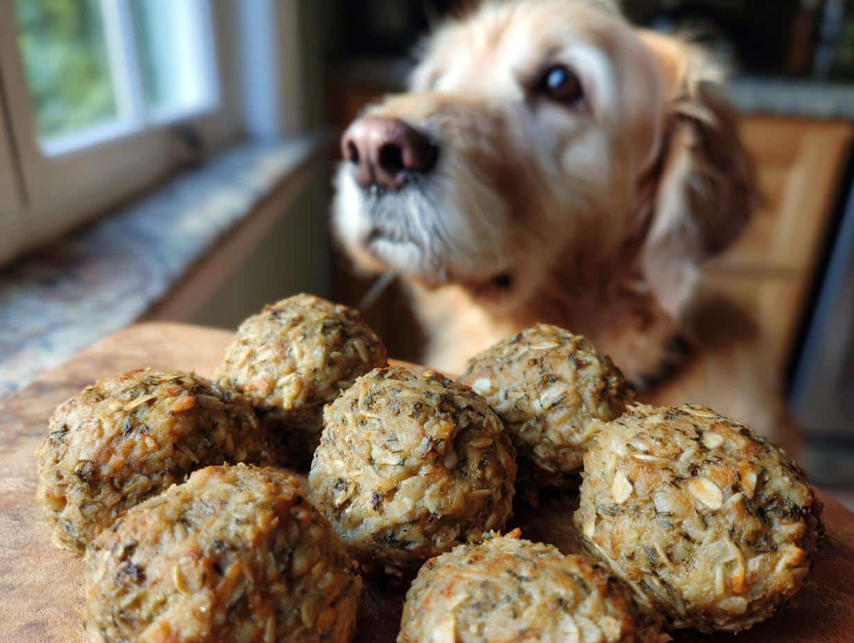 A golden retriever looks longingly at a pile of Chicken & Kale Meatballs, homemade dog treats.