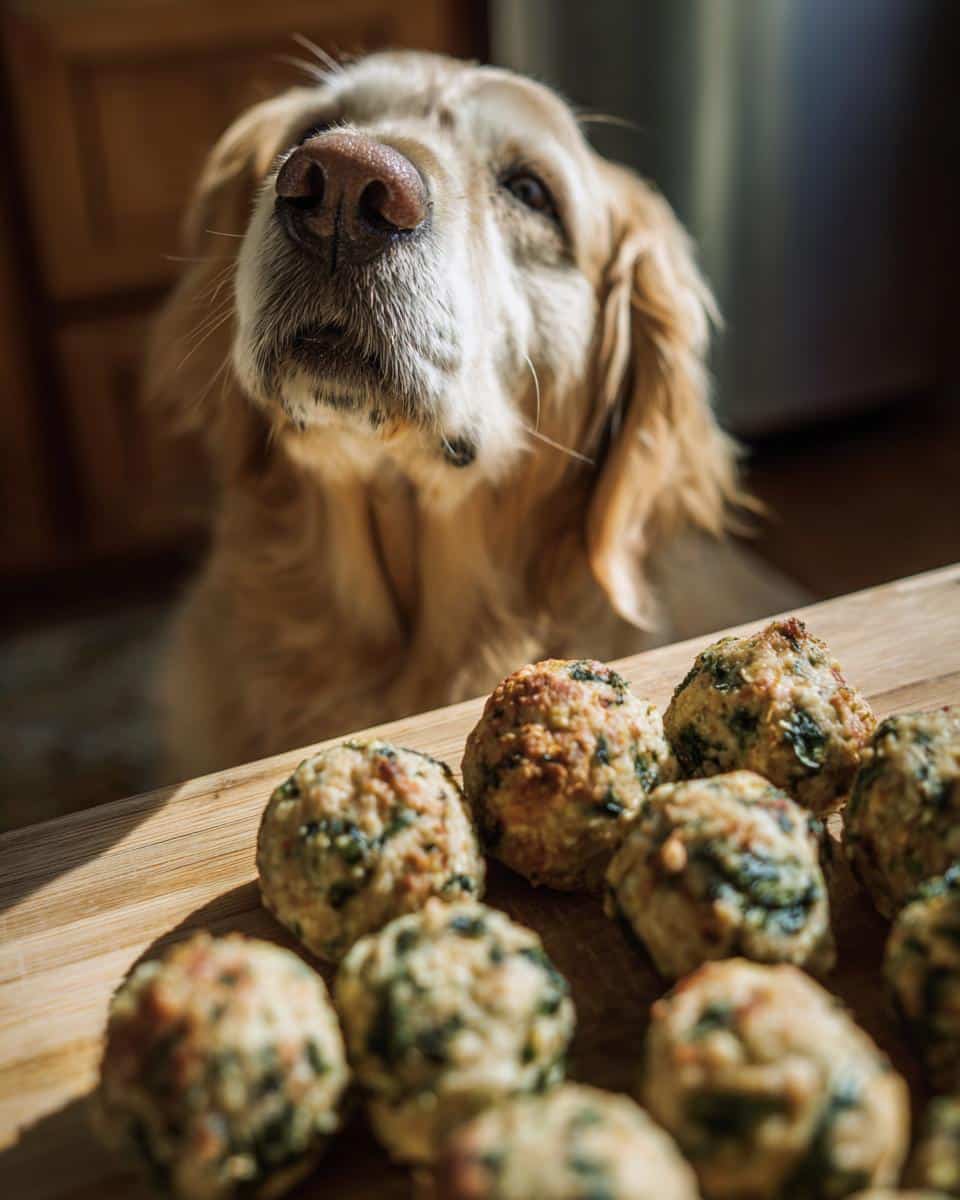 Golden retriever looking longingly at Chicken & Kale Meatballs on a wooden board.