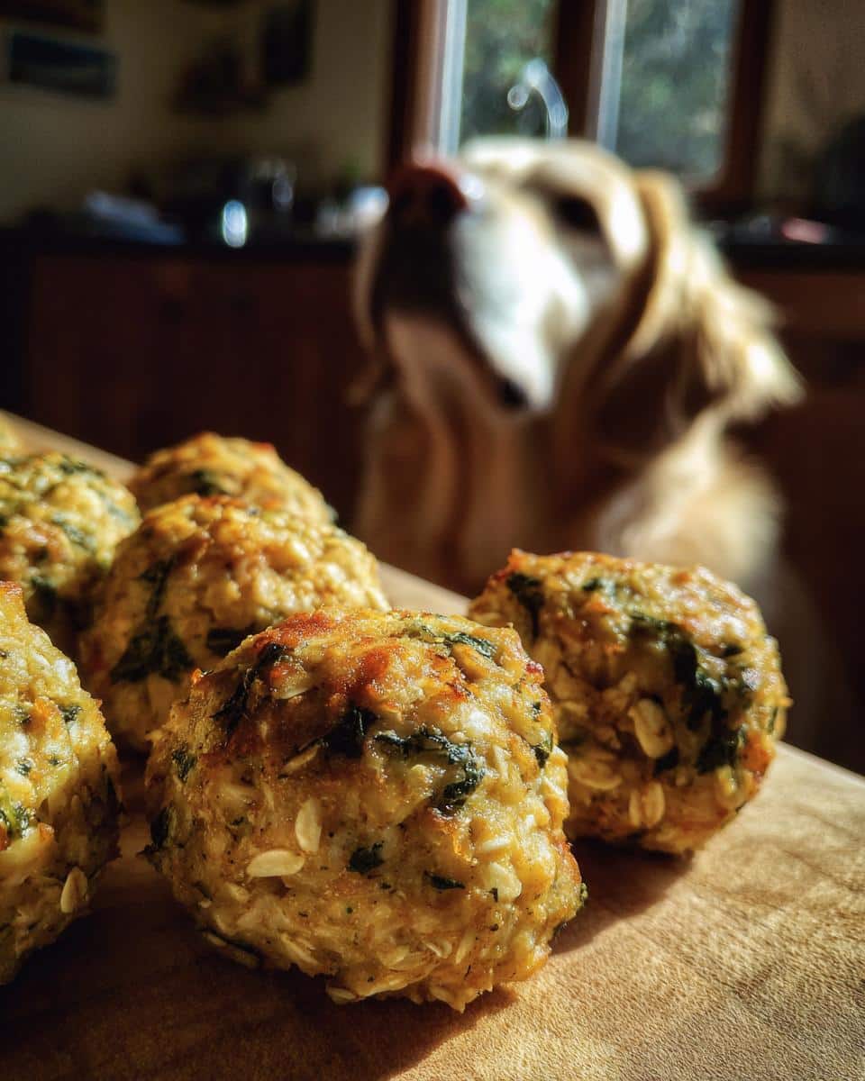 Close-up of Chicken & Kale Meatballs for Dogs with a golden retriever dog looking hopefully in the background.