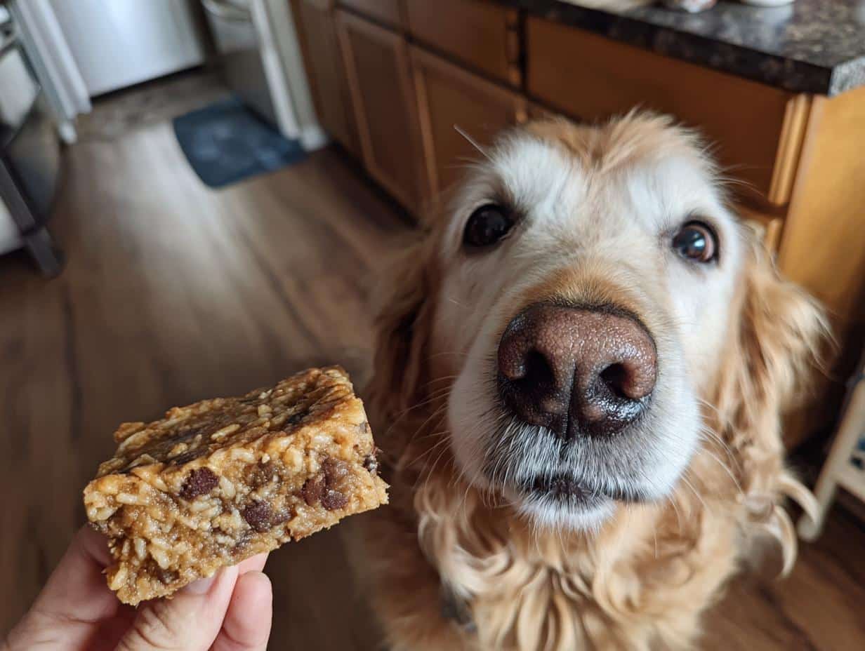Golden retriever looking longingly at a piece of Chicken Liver & Brown Rice Healthy Dog Food held in a hand.
