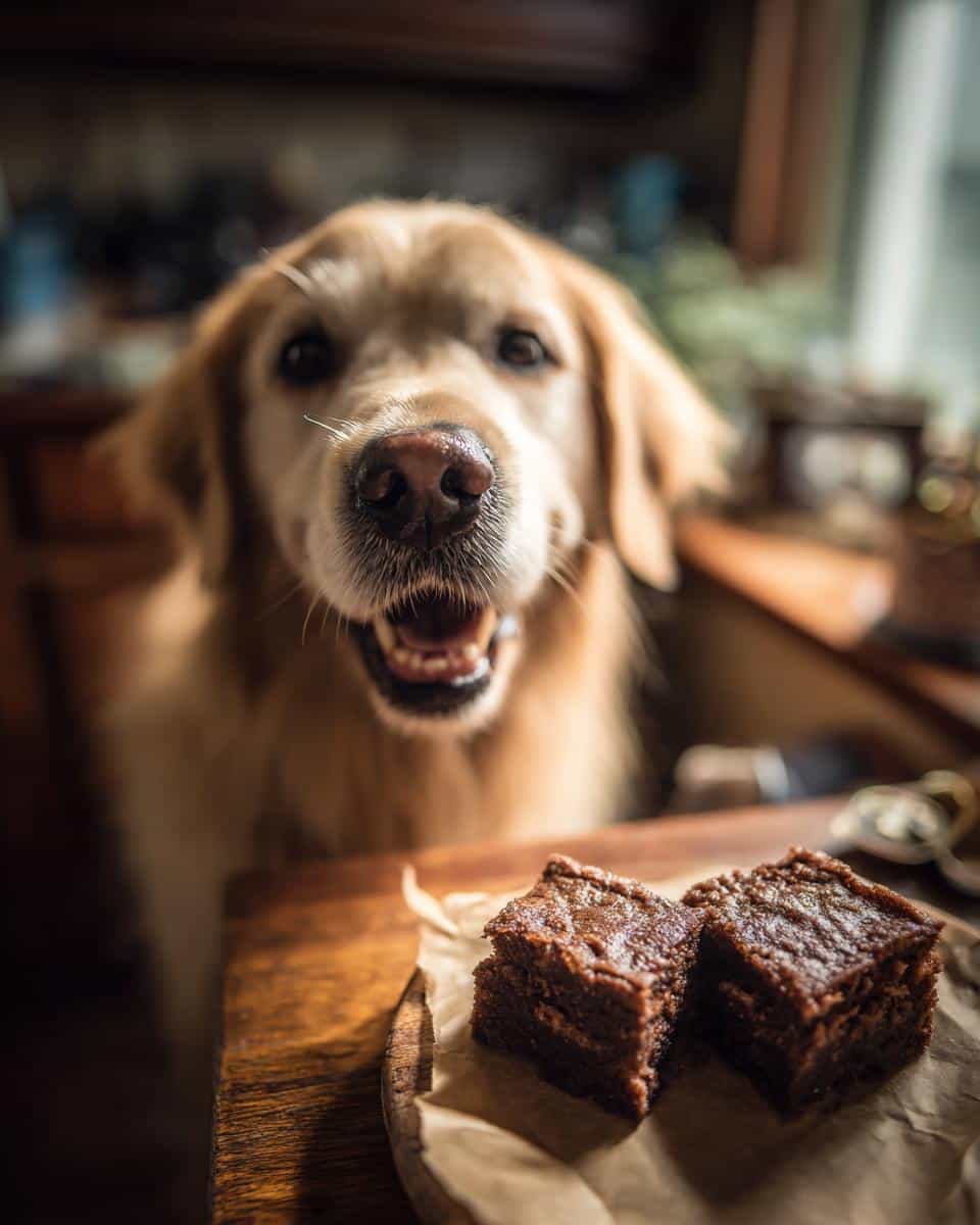 Golden Retriever eagerly awaits Chicken Liver Brownies. Homemade dog treats on a wooden surface.