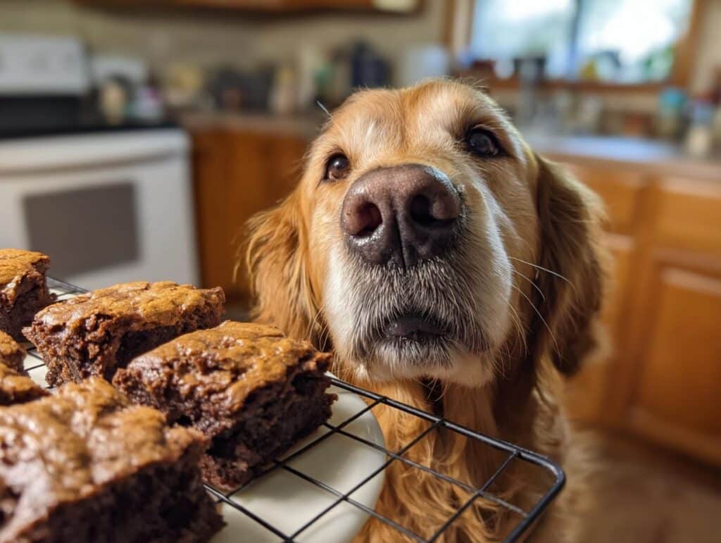 Golden retriever dog looking longingly at a batch of freshly baked Chicken Liver Brownies.