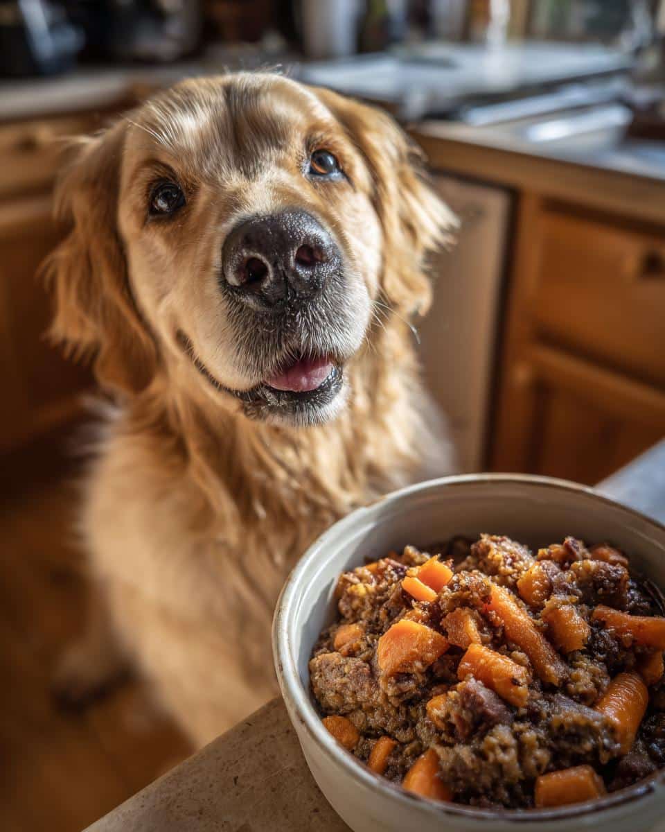 Golden Retriever looking at a bowl of Chicken Liver & Carrot Dog Food, ready to eat.