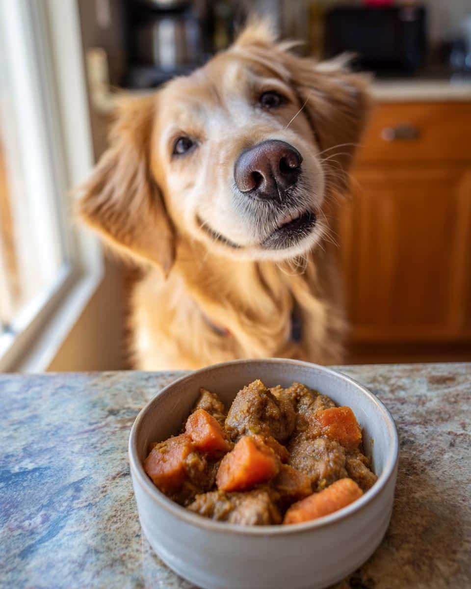 Golden Retriever dog looking at a bowl of Chicken Liver & Carrot Dog Food with anticipation.