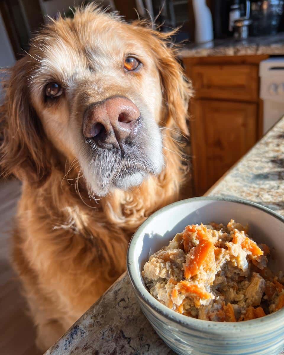 Golden Retriever dog looks longingly at a bowl of Chicken Liver & Carrot Dog Food.