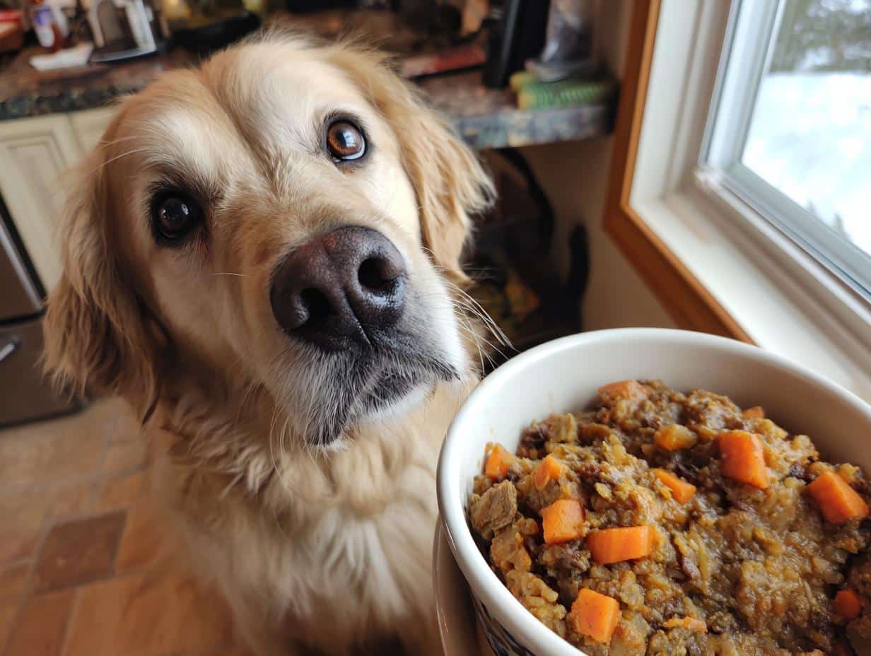 Golden Retriever dog looking at a bowl of homemade Chicken Liver & Carrot Dog Food.