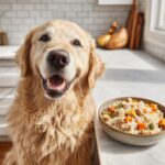 Golden Retriever smiling next to a bowl of Vet-Approved Chicken Liver & Rice Dog Food.