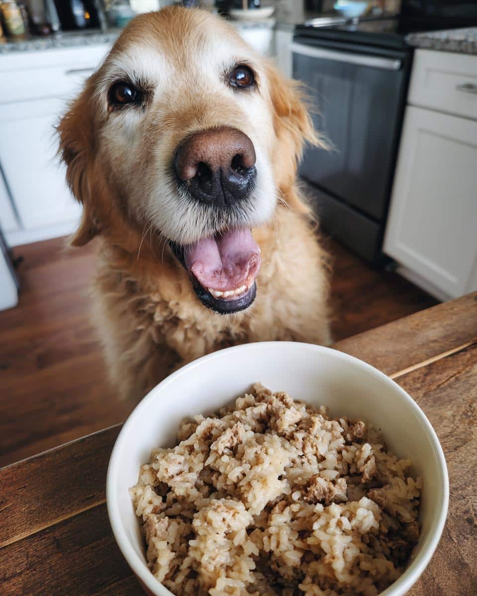 Golden Retriever excitedly anticipates a bowl of Vet-Approved Chicken Liver & Rice Dog Food.