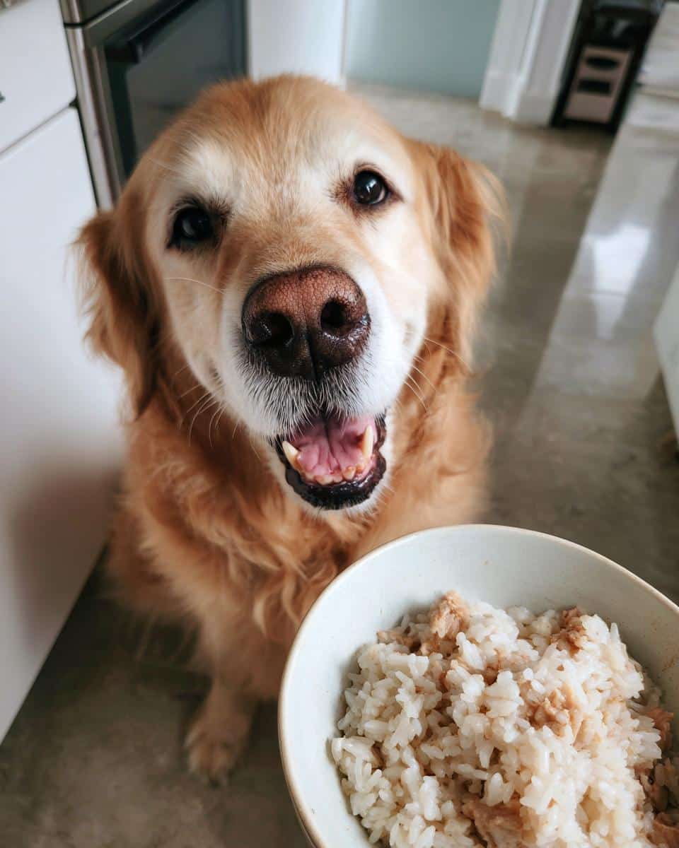 Golden Retriever dog eagerly awaits a bowl of Vet-Approved Chicken Liver & Rice Dog Food.