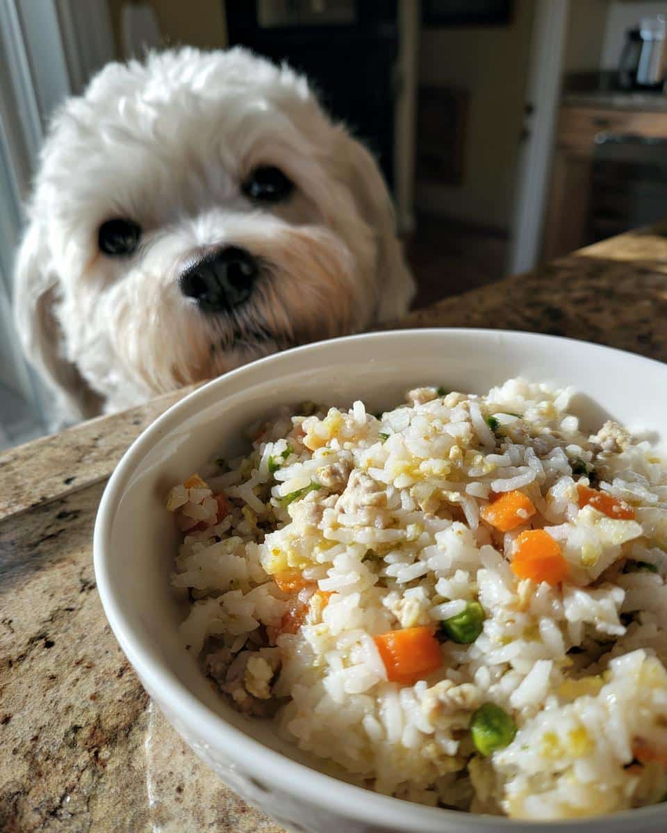 A small white dog looks longingly at a bowl of Chicken Liver & Rice Small Dog Recipe.