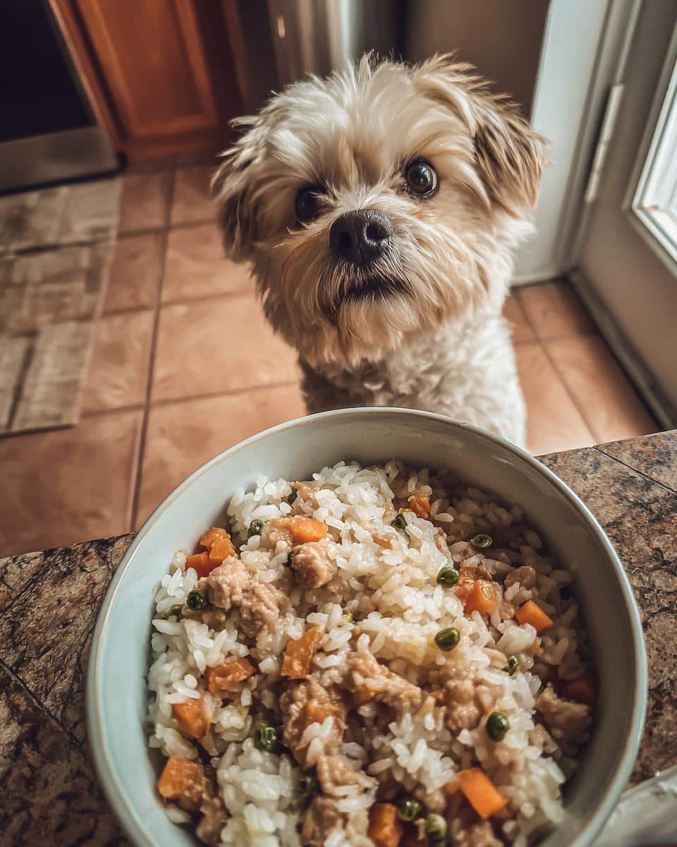 Small dog looking at a bowl of Chicken Liver & Rice Small Dog Recipe. Nutritious meal for your pet.