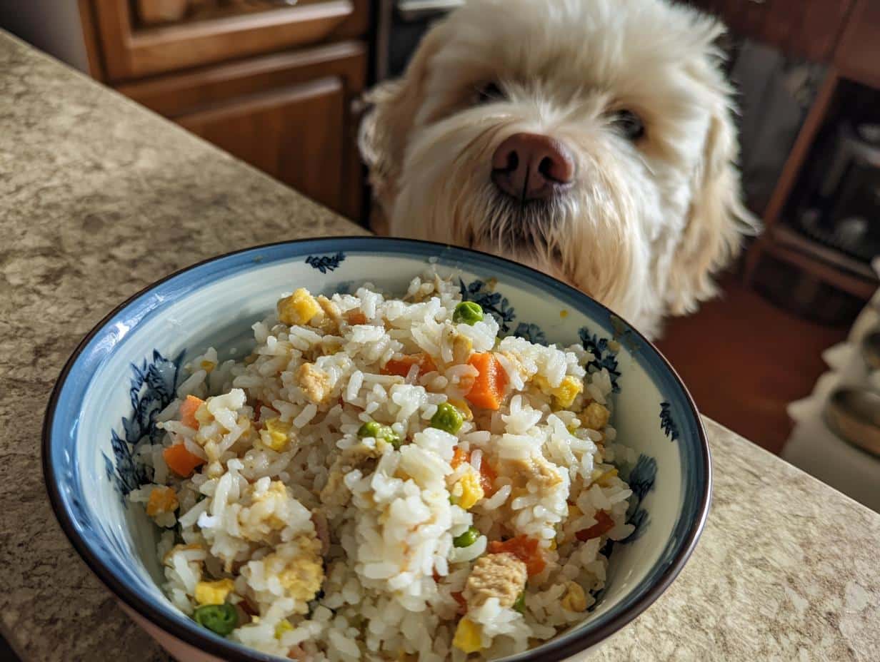 A bowl of Chicken Liver & Rice Small Dog Recipe with a cute dog looking at it.