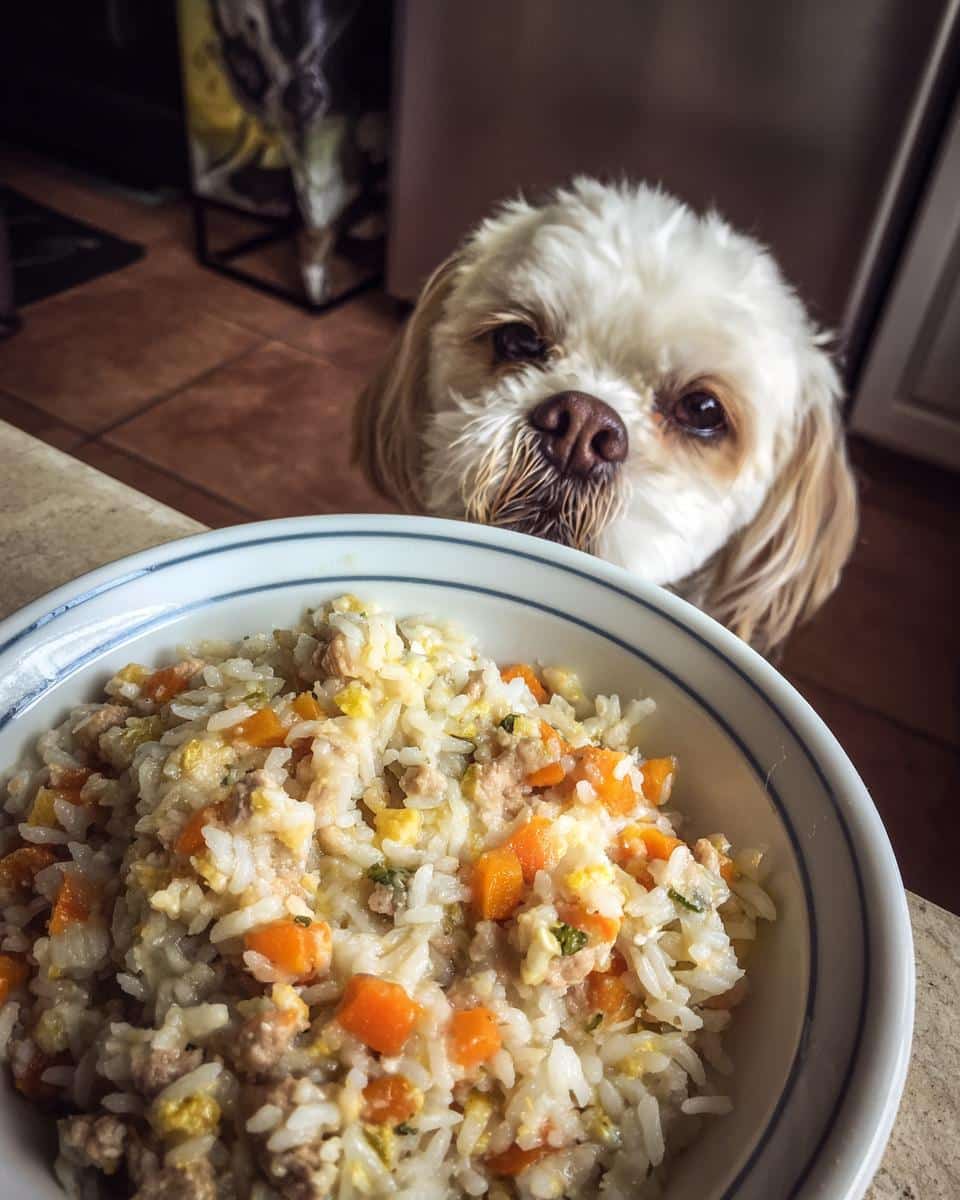 Small dog eagerly awaits a bowl of Chicken Liver & Rice. A nutritious small dog recipe.